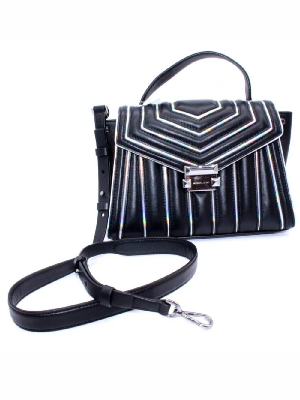 Michael Kors Medium Cross Body Bag Satchel Purse Black Leather Holographic Trim